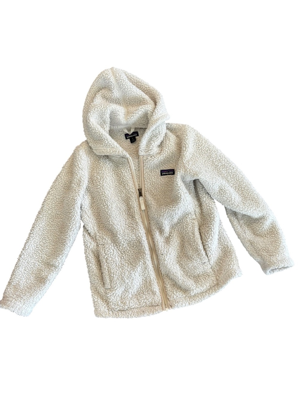Patagonia Size Small (7/8) Unisex Kids Cream Sherpa Teddy Hoodie with Zipper
